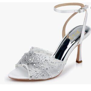 FOWT Silver Shiny Studded Rhinestone Open Toe Bride Sandal High Heel Buckle Shoe